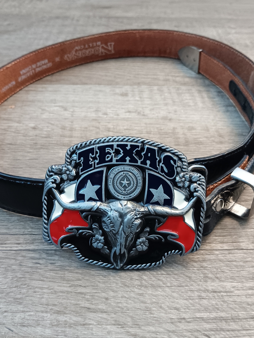 Nocona Black Leather Belt With Silver Texas Bull Skull Buckle Size 36
